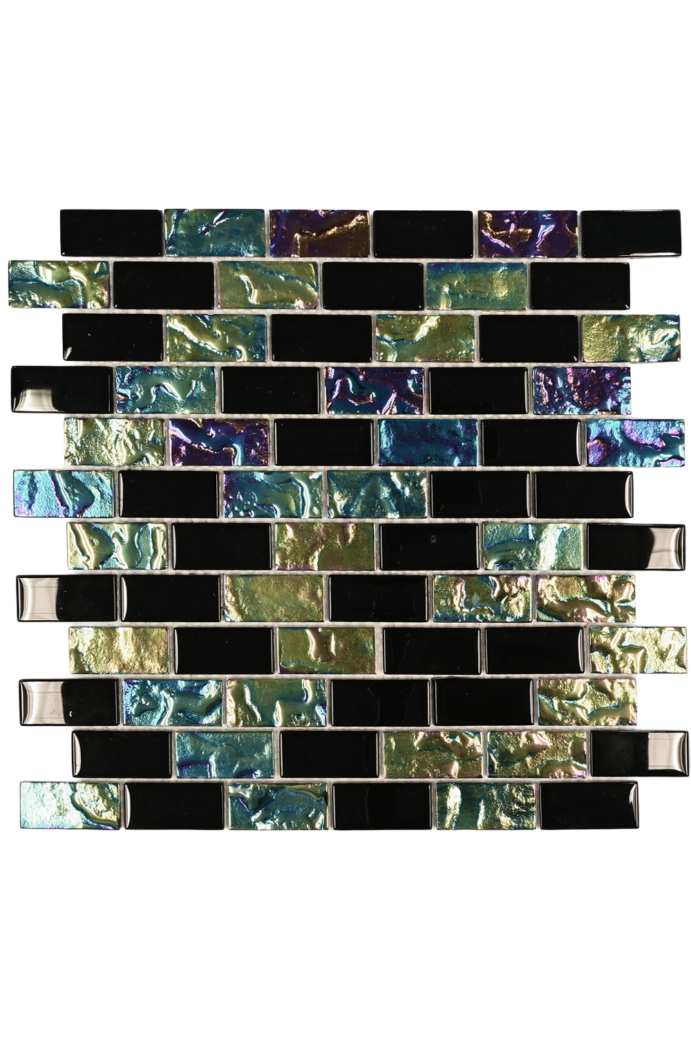 Black Opal iridescent glass mosaic pool tile sheet with brick-set chips in black and shimmering olive, green and purple.