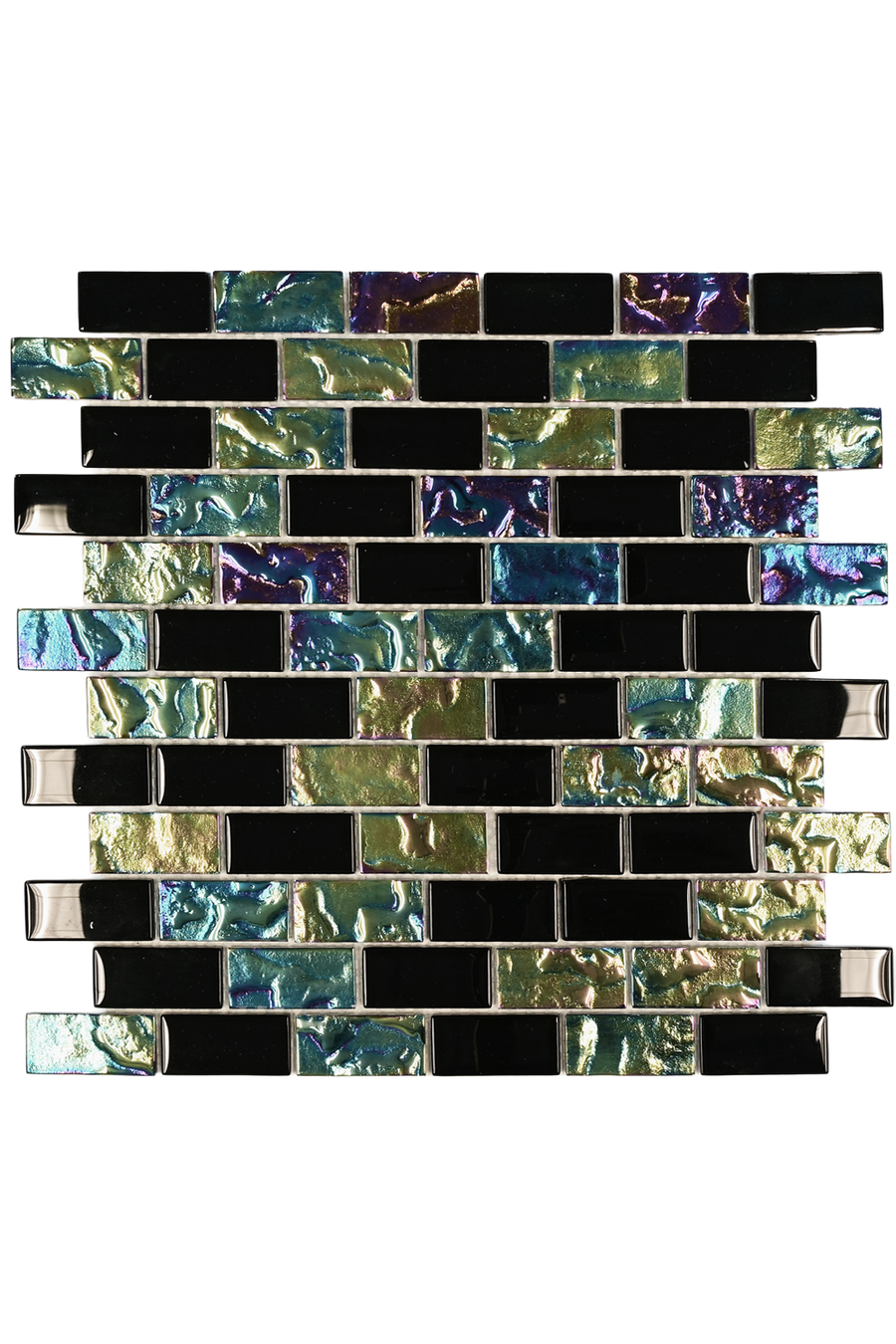 Black Opal iridescent glass mosaic pool tile sheet with brick-set chips in black and shimmering olive, green and purple.