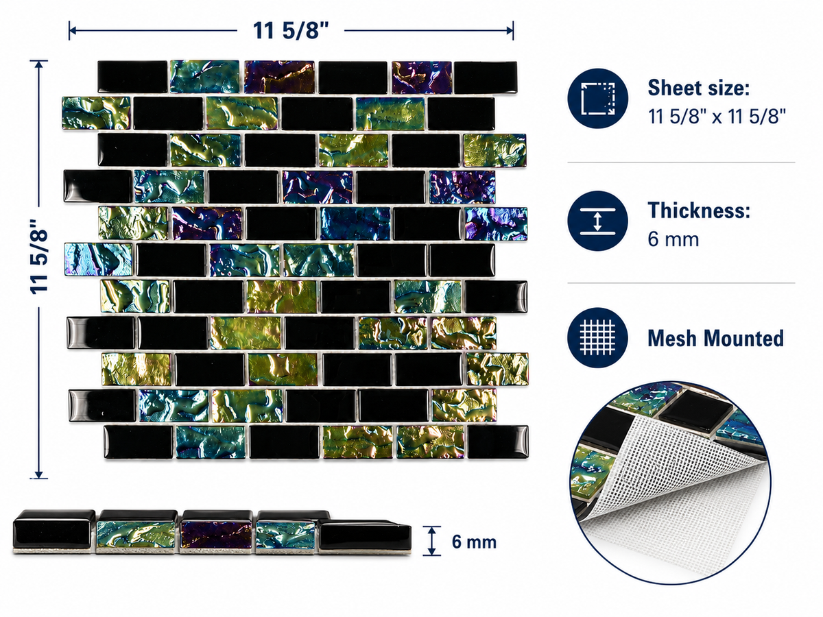 Black Opal mosaic specifications: 11 5/8 by 11 5/8 inch sheet, 6 mm thick, mesh mounted.