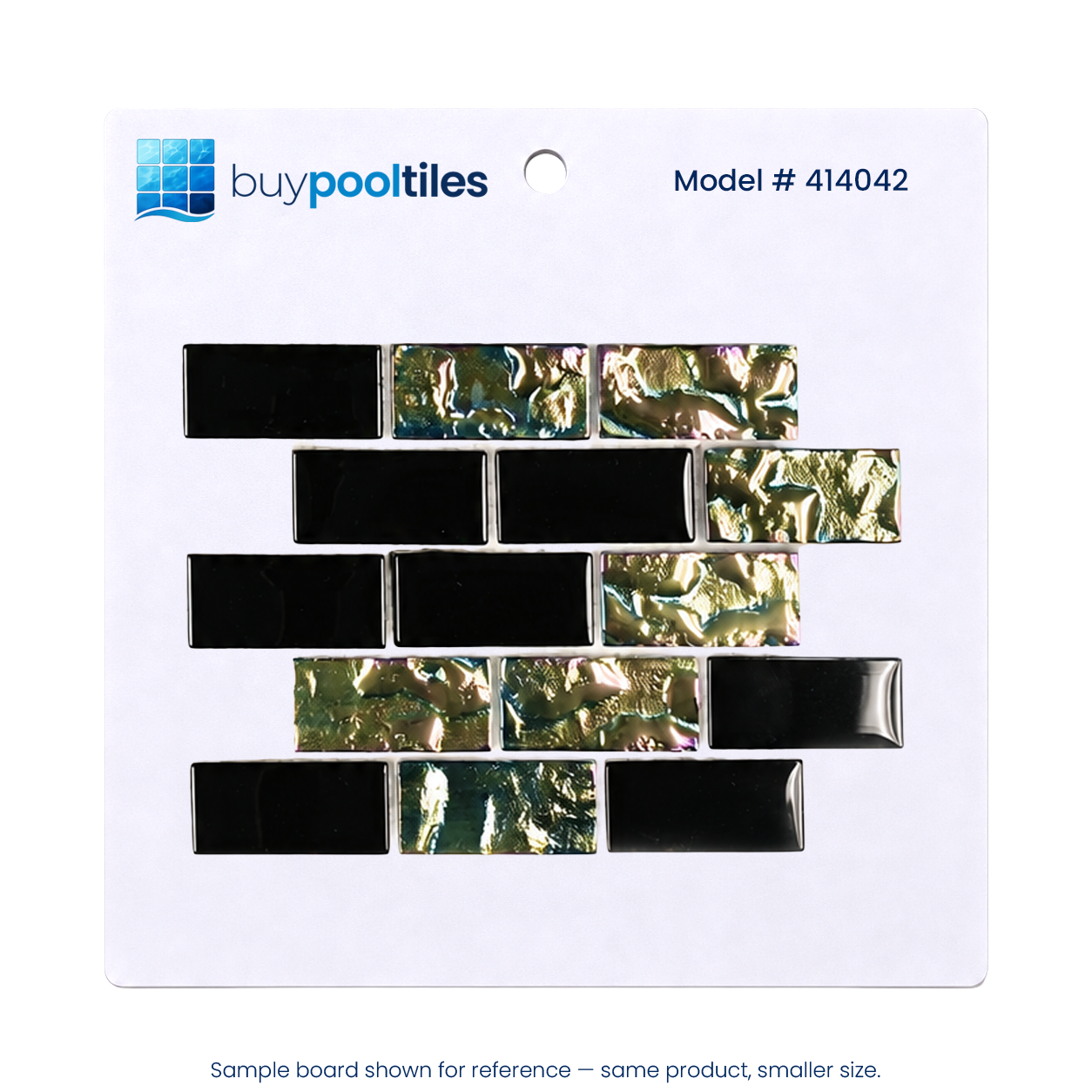Black Opal iridescent glass mosaic pool tile sample board, model 414042, on a white backing card.