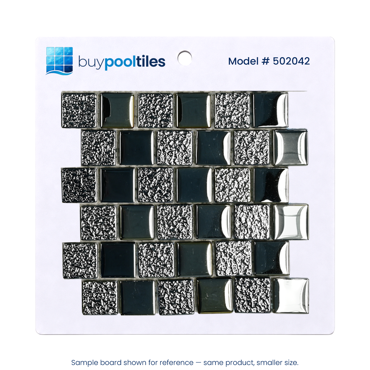 Midnight Black and Silver Glitter glass mosaic pool tile sample board, model 502042, on a white backing card.