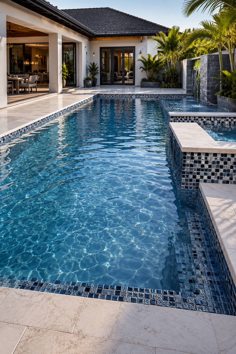 Long modern pool with a dark waterline band in Midnight Black and Silver Glitter glass mosaic tile.
