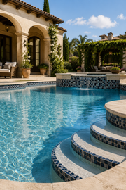 Pool entry steps trimmed with Midnight Black and Silver Glitter glass mosaic tile in a Mediterranean garden.