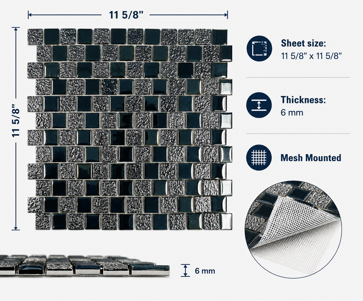 Midnight Black and Silver Glitter mosaic specifications: 11 5/8 by 11 5/8 inch sheet, 6 mm thick, mesh mounted.