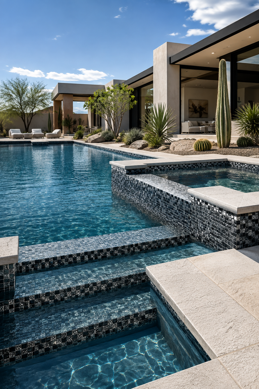 Pool and steps trimmed with Midnight Black and Silver Glitter glass mosaic tile beside a modern house.