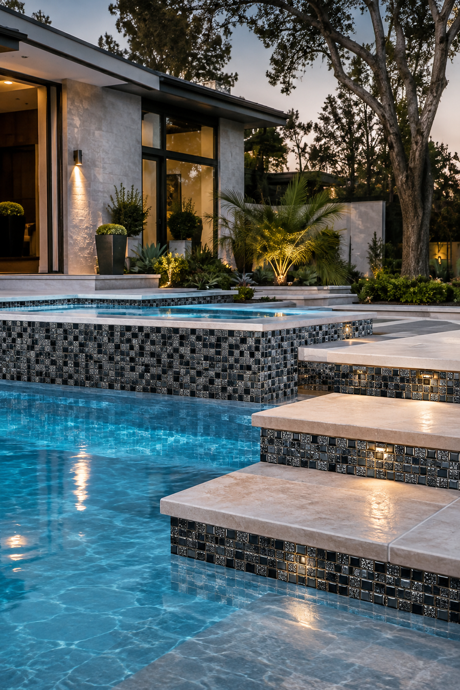 Pool lit at night with illuminated steps and a Midnight Black and Silver Glitter glass mosaic waterline band.