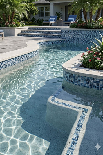 A modern curved swimming pool with a separate shallow spa or hot tub section, tiled with blue and white mosaic patterns, set in a landscaped backyard with palm trees and patio seating.