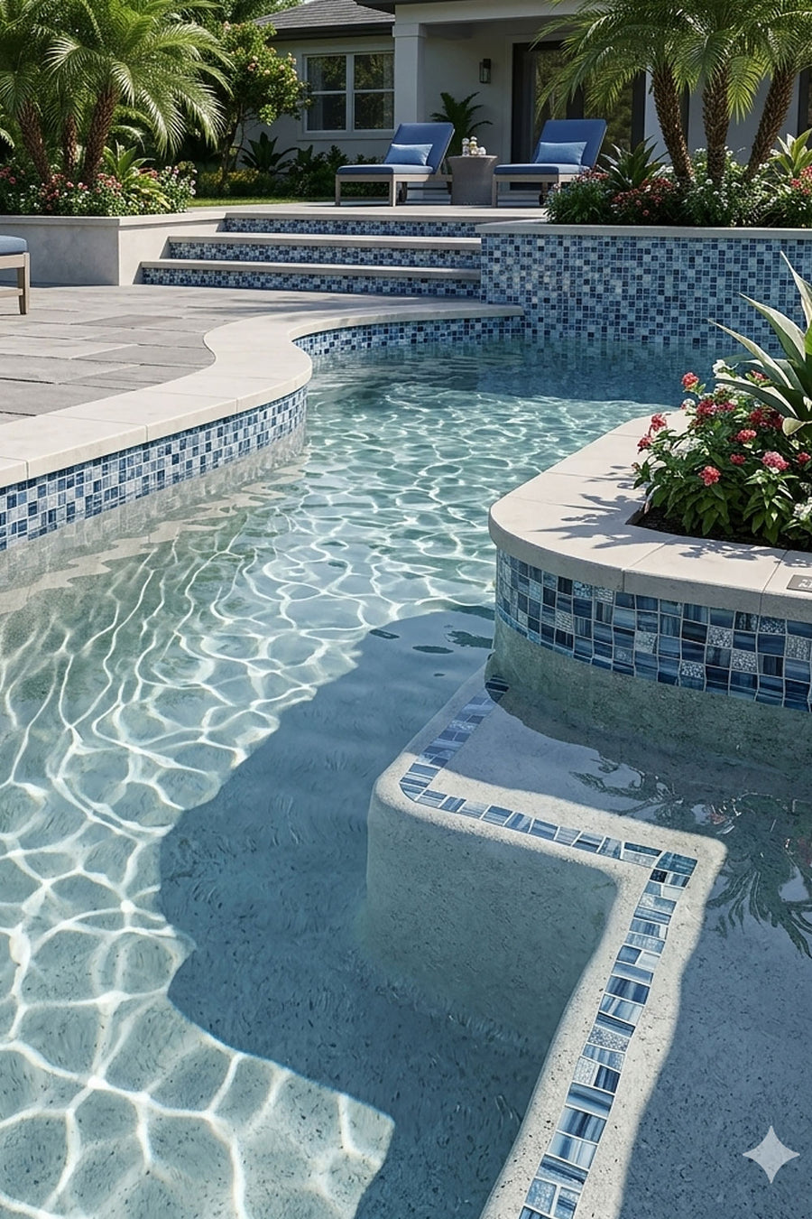 A modern curved swimming pool with a separate shallow spa or hot tub section, tiled with blue and white mosaic patterns, set in a landscaped backyard with palm trees and patio seating.