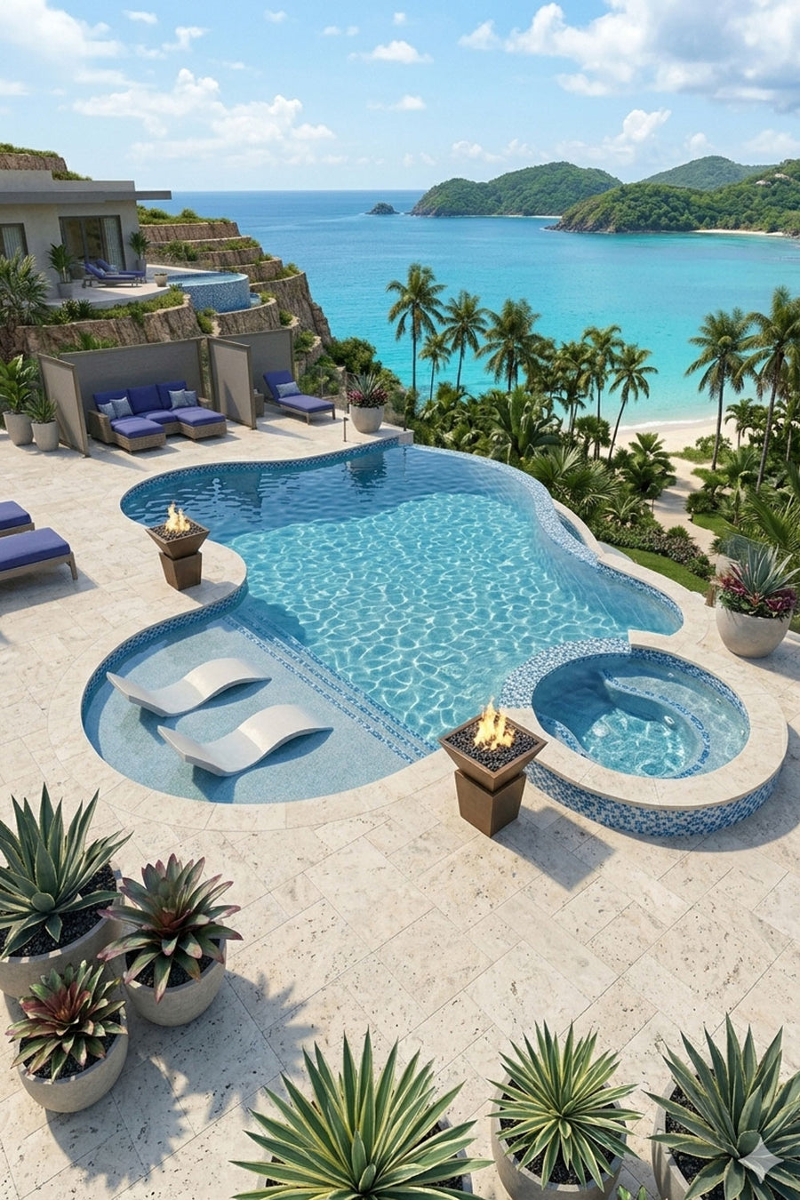 A luxury tropical beach villa featuring a kidney-shaped swimming pool with a hot tub, stone patio, palm trees, and a turquoise ocean view.