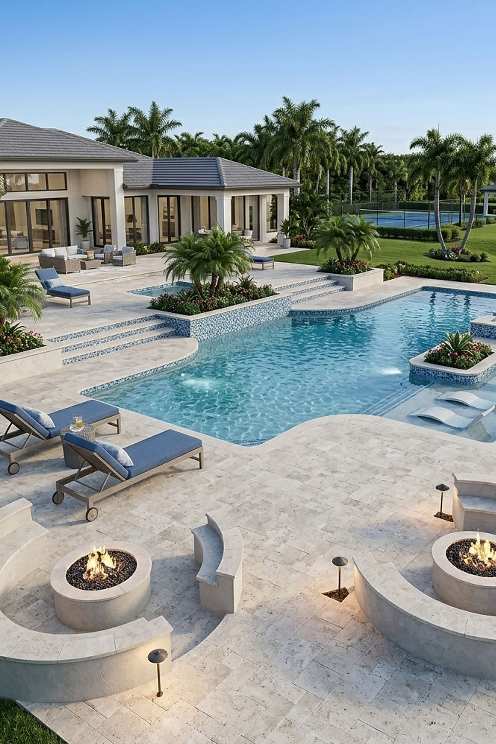 Luxury pool area with fire pits, lounge chairs, and a modern house in the background.