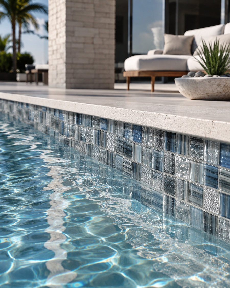 Pool waterline finished in Textured Ocean Blend blue glass mosaic tile beside a patio with outdoor seating.