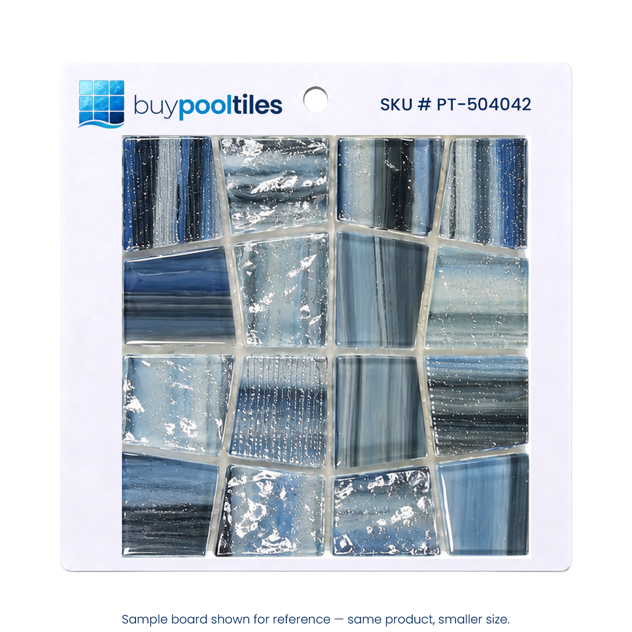 Textured Ocean Blend blue glass mosaic pool tile sample board, SKU PT-504042, on a white backing card.