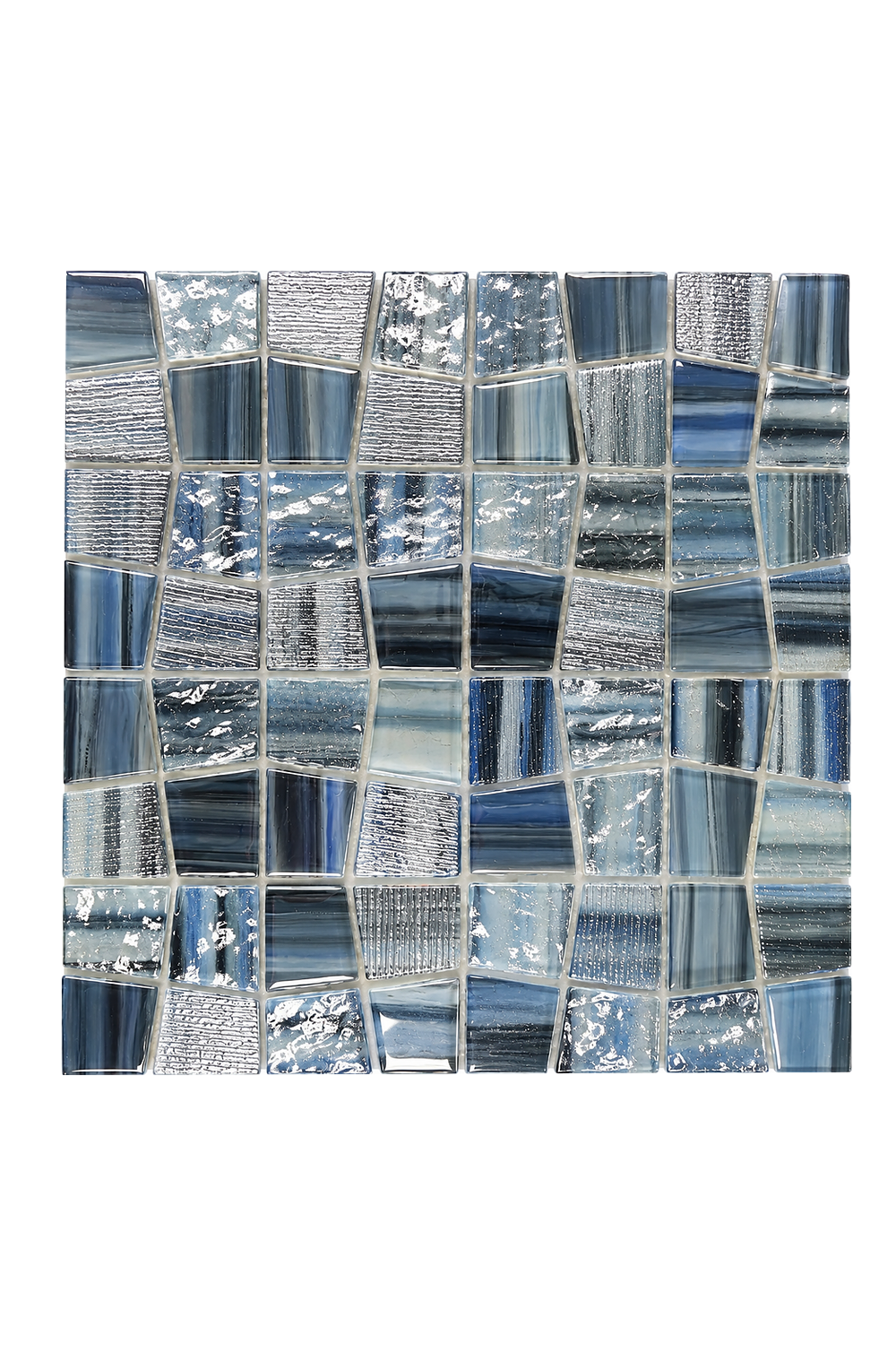 Blue and silver mosaic glass wall tiles arranged in an irregular, staggered pattern on a white background.