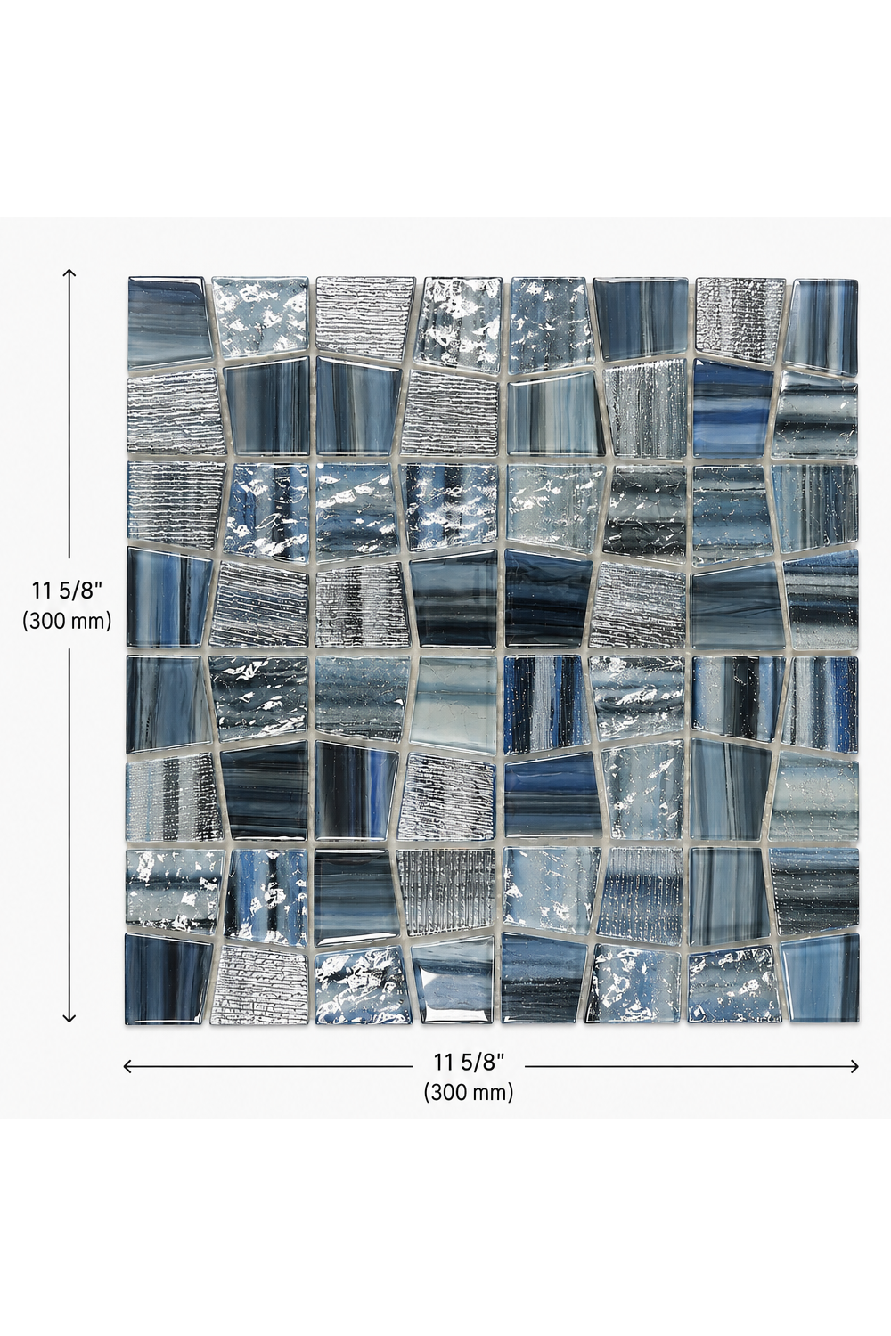 Textured Ocean Blend mosaic sheet dimensions diagram showing an 11 5/8 inch (300 mm) square sheet.