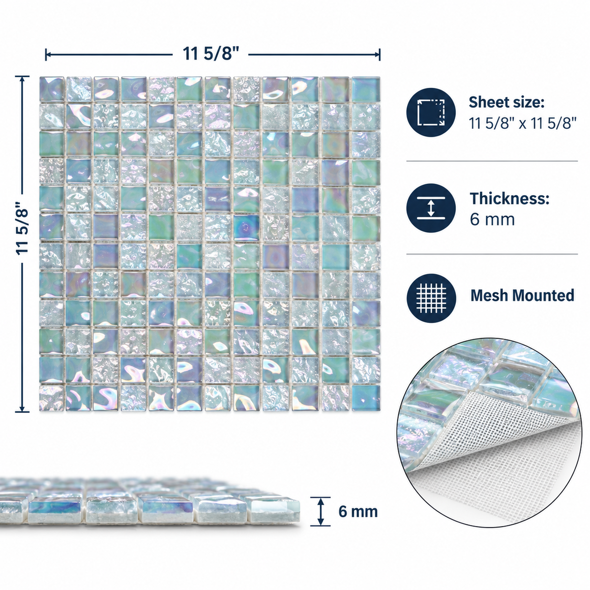 Opaline Pearl mosaic specifications: 11 5/8 by 11 5/8 inch sheet, 6 mm thick, mesh mounted.