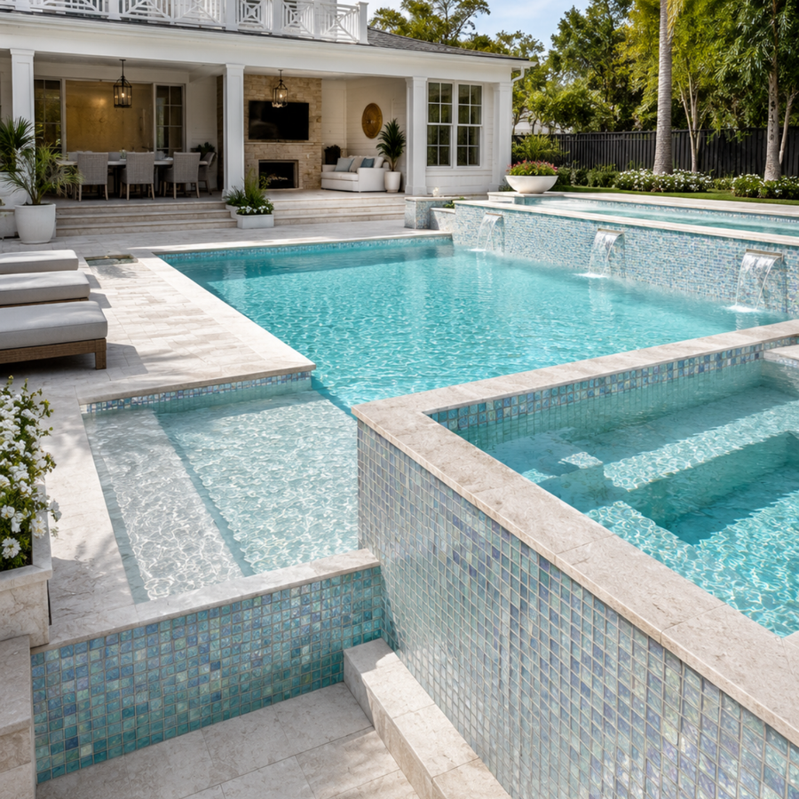Pool and rectangular spa finished in Opaline Pearl crystal glass mosaic tile beside a modern house.