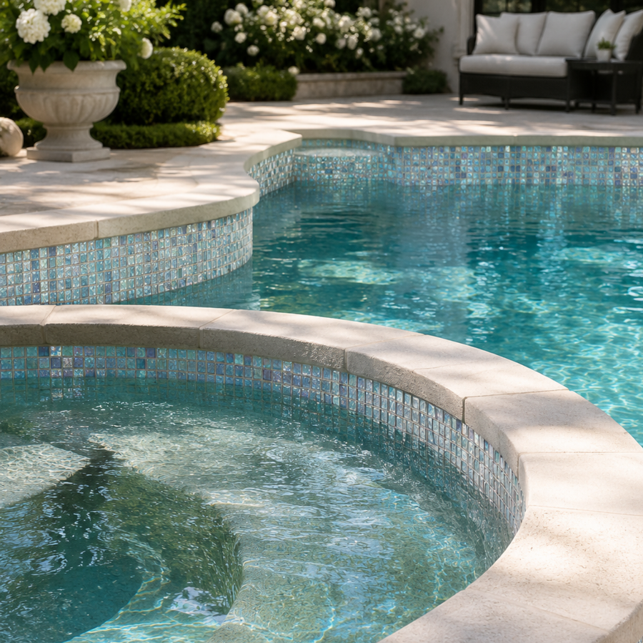 Round raised spa clad in Opaline Pearl crystal glass mosaic tile in a garden pool setting.