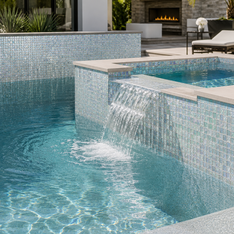 Raised spa with a sheer-descent spillway in Opaline Pearl crystal glass mosaic tile beside an outdoor fireplace.