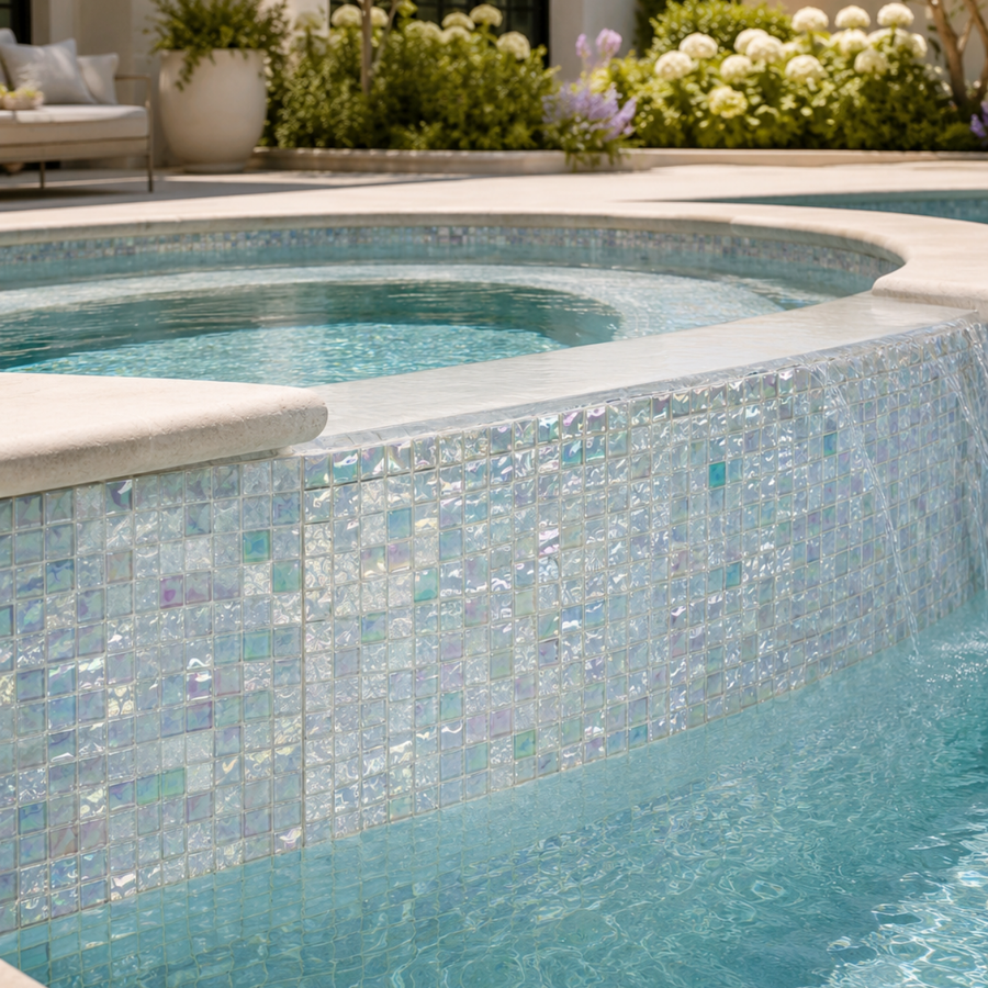 Round raised spa wall in Opaline Pearl crystal glass mosaic tile framed by white flowering planting.