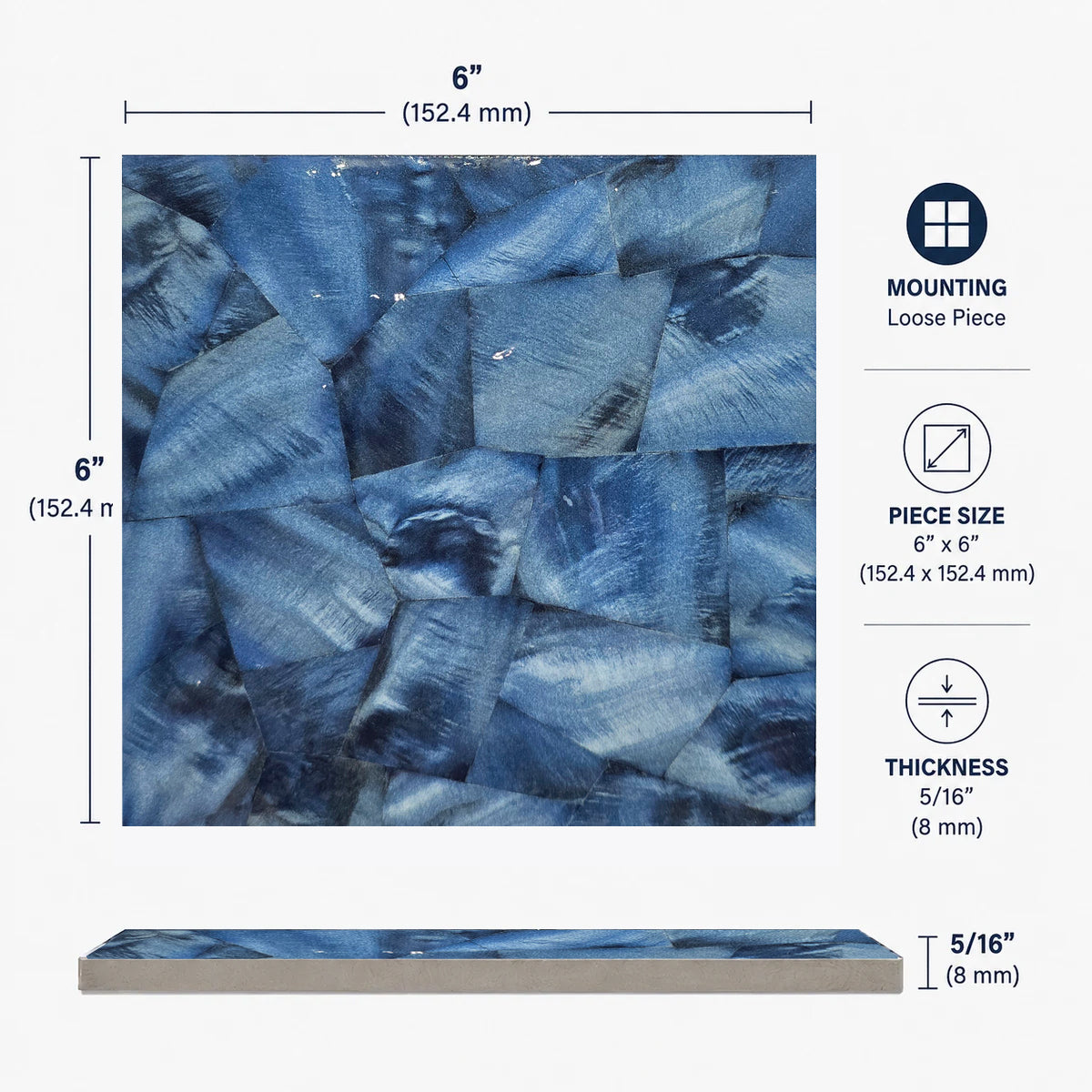 Ocean Blue Artisan porcelain tile specifications: 6 by 6 inch piece, 5/16 inch (8 mm) thick, loose piece mounting.
