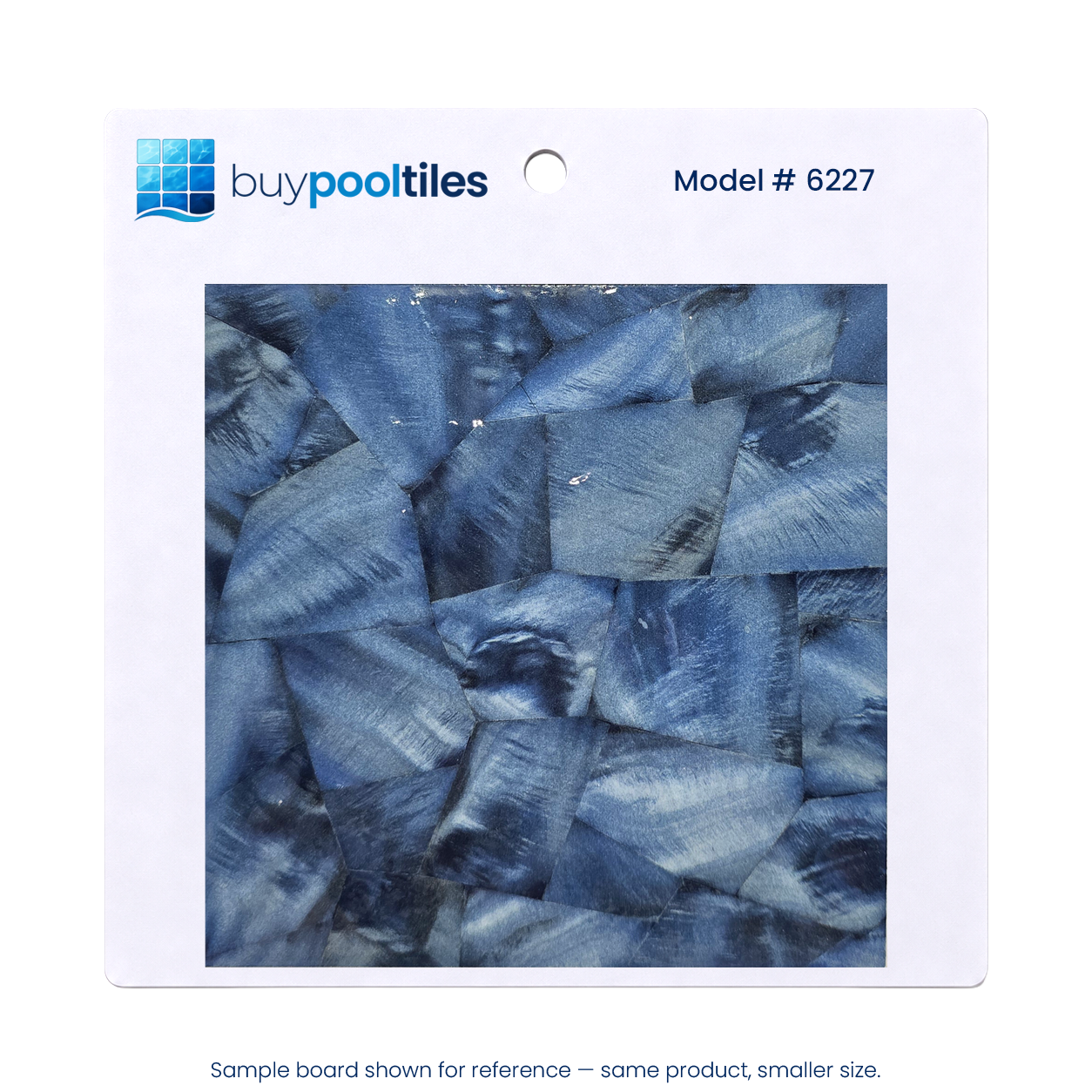 Ocean Blue Artisan 6x6 porcelain pool tile sample board, model 6227, on a white backing card.