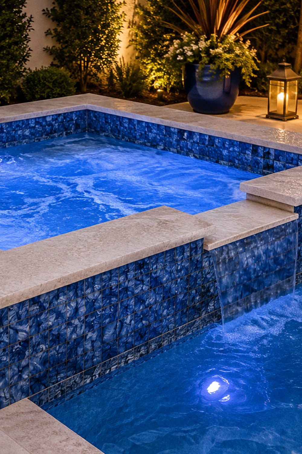 Raised spa at night lit from within, clad in Ocean Blue Artisan 6x6 porcelain tile beside potted planting.
