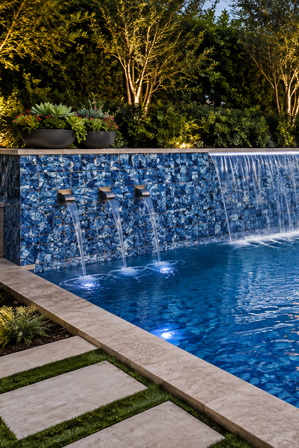 Pool with sheer-descent water spouts set into an Ocean Blue Artisan 6x6 porcelain tiled wall in a lit garden.