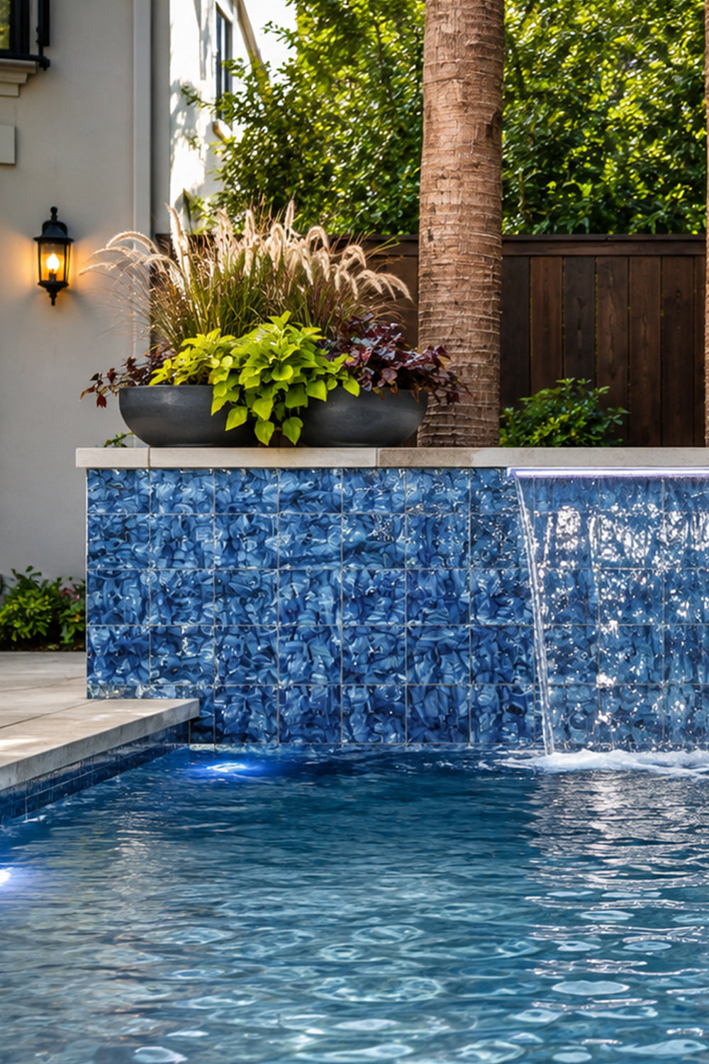Waterfall wall finished in Ocean Blue Artisan 6x6 porcelain tile spilling into a pool beside a lantern-lit patio.