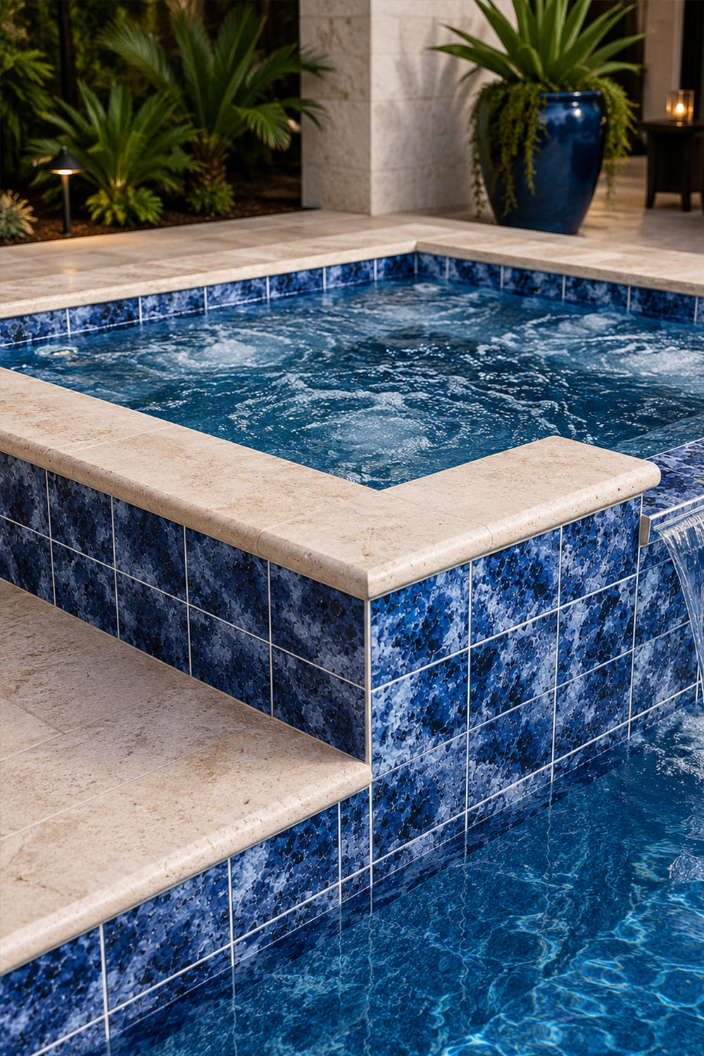 Raised spa wall in Ocean Depth Blue 6x6 porcelain tile with travertine coping and potted planting.
