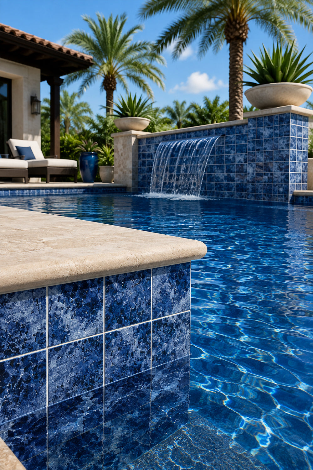 Mediterranean villa pool with a waterfall wall tiled in Ocean Depth Blue 6x6 porcelain.