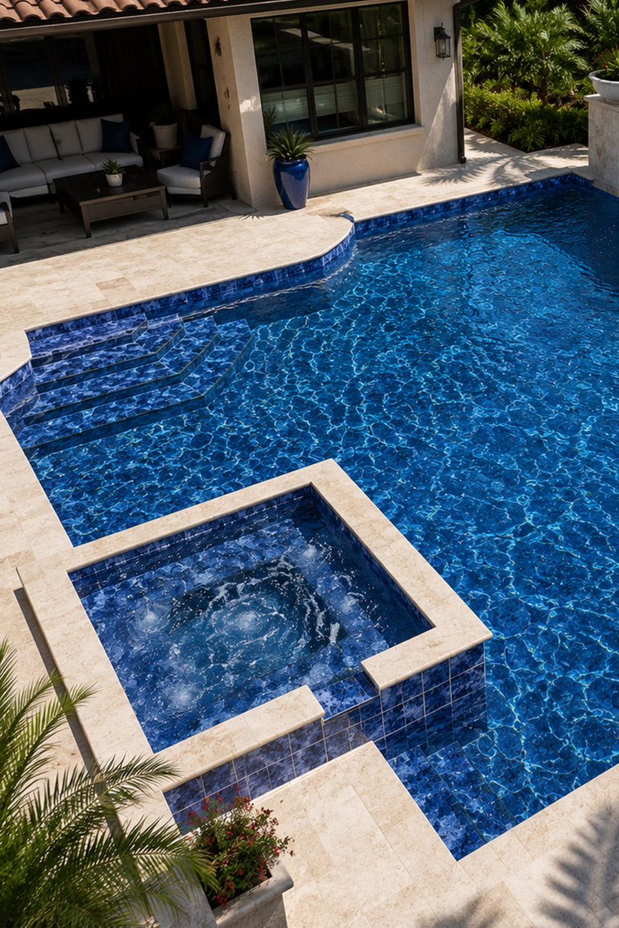 Backyard pool and raised spa finished in Ocean Depth Blue 6x6 porcelain tile beside a modern house.