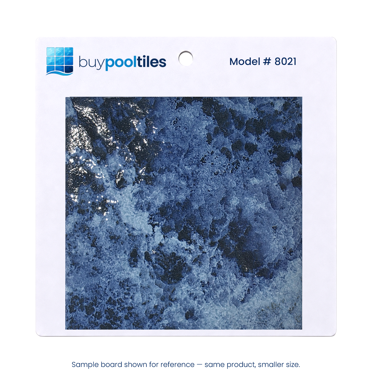 Ocean Depth Blue 6x6 porcelain pool tile sample board, model 8021, on a white backing card.