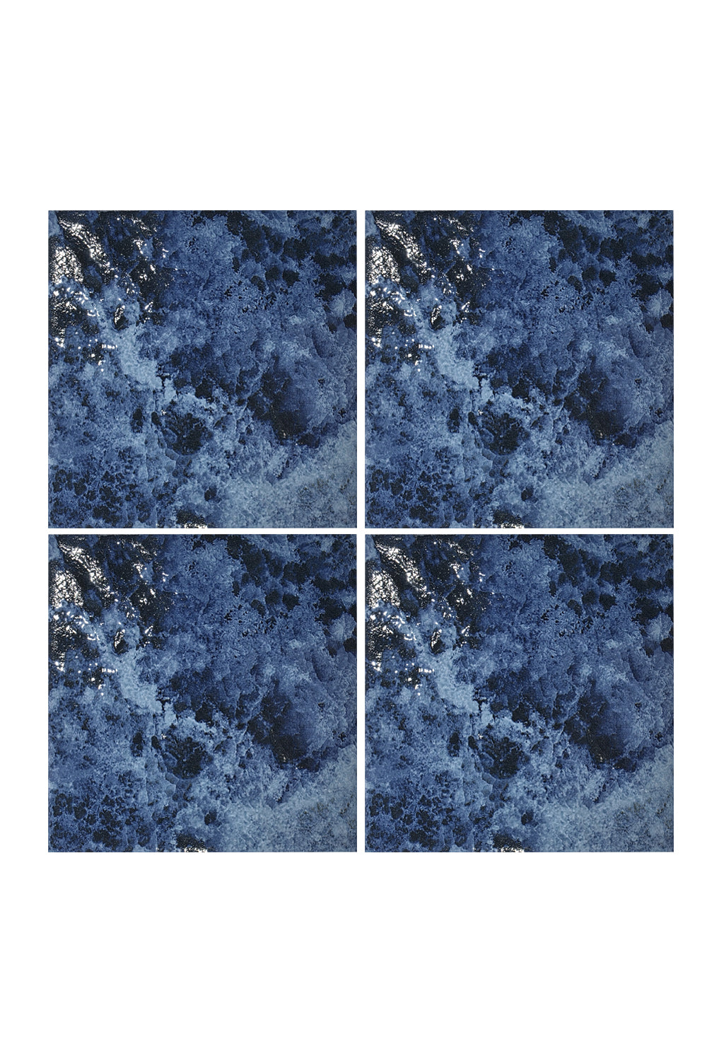 Ocean Depth Blue 6x6 porcelain pool tiles laid four across, showing mottled deep blue and white glaze variation.