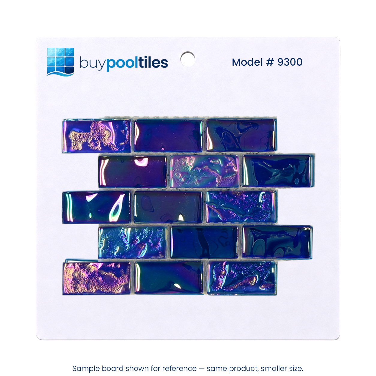 Sapphire Indigo iridescent glass mosaic pool tile sample board, model 9300, on a white backing card.