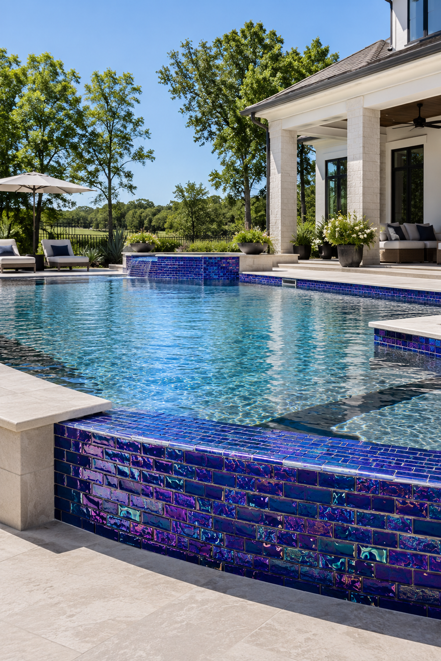 Modern house pool with a raised spa wall tiled in Sapphire Indigo iridescent glass mosaic and a poolside umbrella.