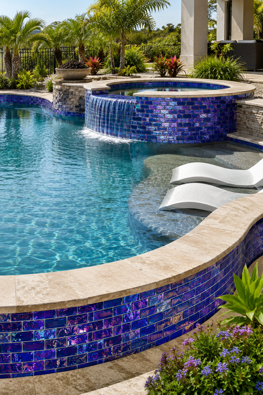 Round raised spa with curved spillway steps clad in Sapphire Indigo iridescent glass mosaic tile among tropical planting.