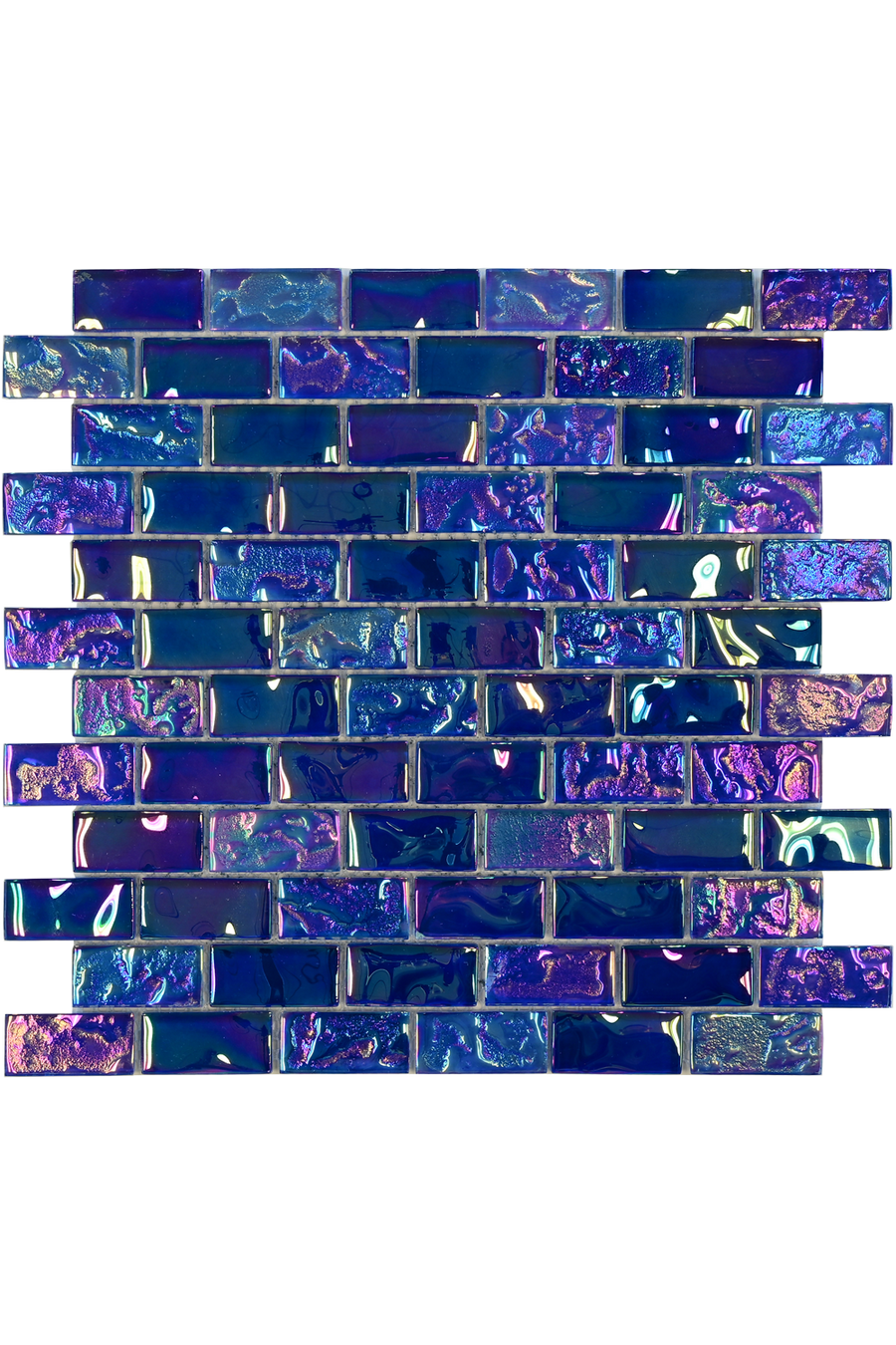 Sapphire Indigo iridescent glass mosaic pool tile sheet with brick-set chips in indigo, violet and blue.