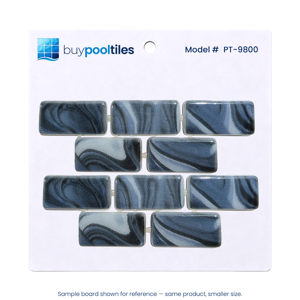 Storm Blue Marble recycled glass mosaic pool tile sample board, model PT-9800, on a white backing card.