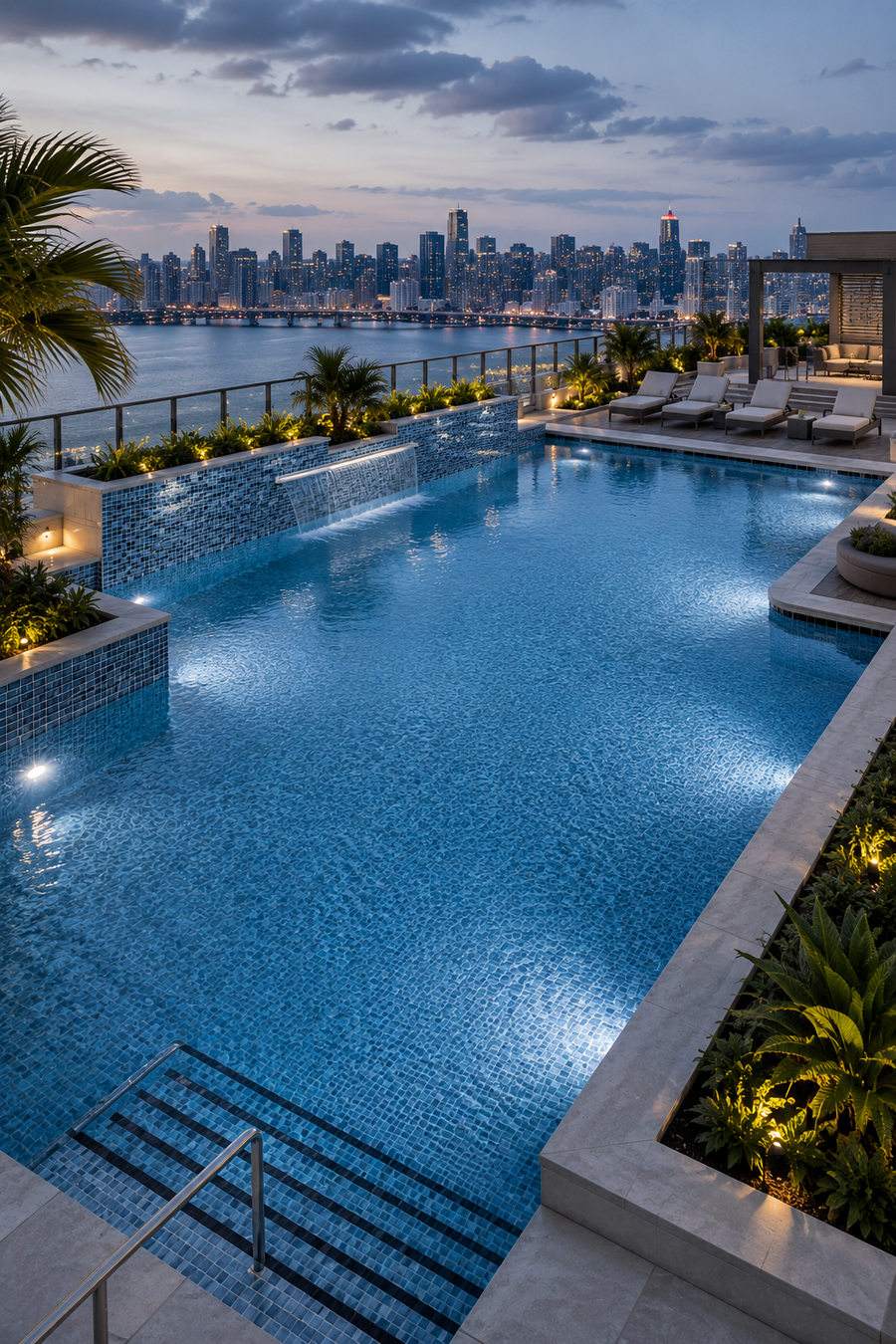 Rooftop infinity pool tiled in Storm Blue Marble recycled glass mosaic overlooking a city skyline.