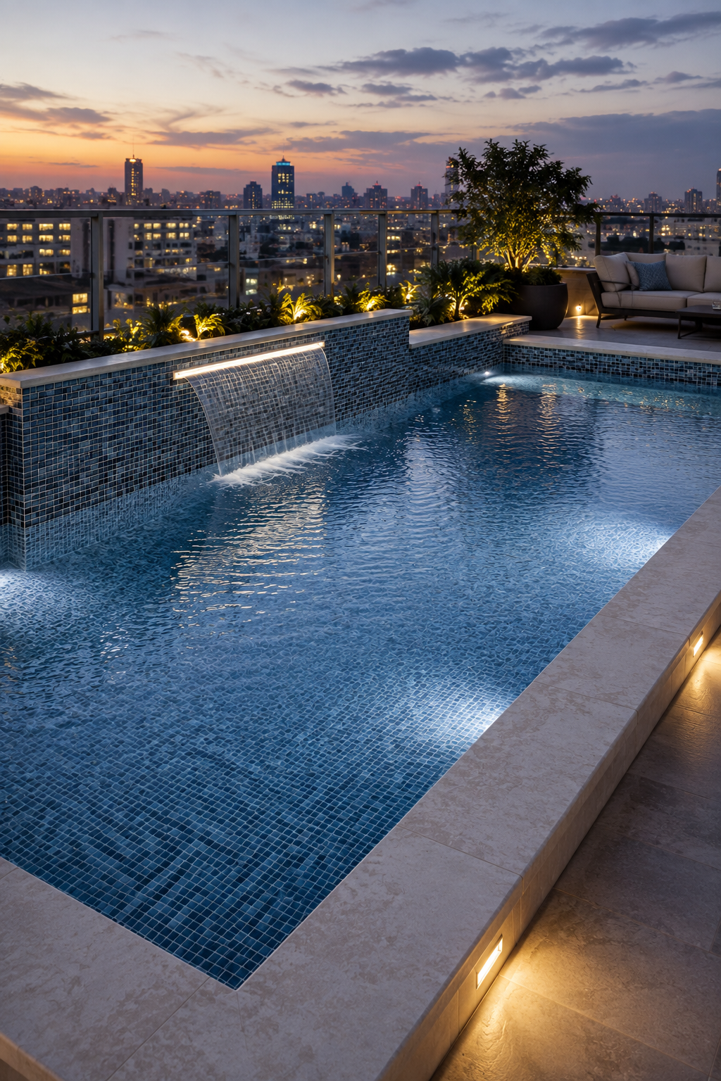 Terrace pool at dusk lined with Storm Blue Marble recycled glass mosaic tile, with city lights in the distance.