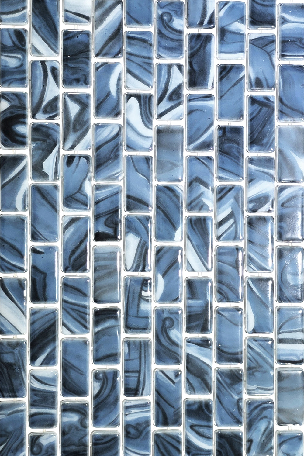 Full sheet of Storm Blue Marble recycled glass mosaic pool tile showing the brick-set layout and marbling.