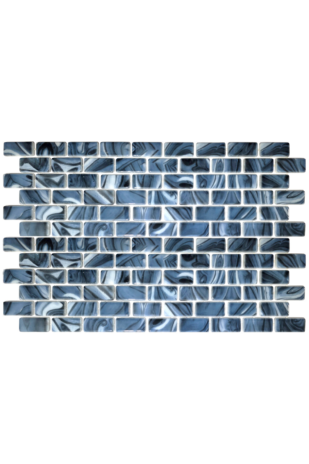 Storm Blue Marble recycled glass mosaic pool tile sheet with brick-set chips swirled in blue, grey and white.