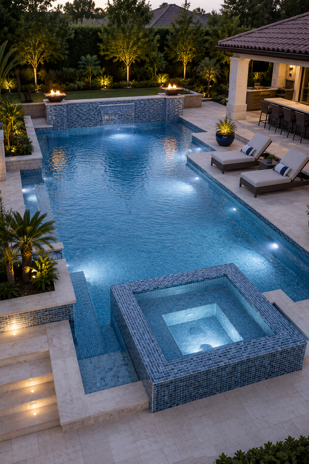 Pool and square spa at dusk finished in Storm Blue Marble recycled glass mosaic tile beside a lit villa.