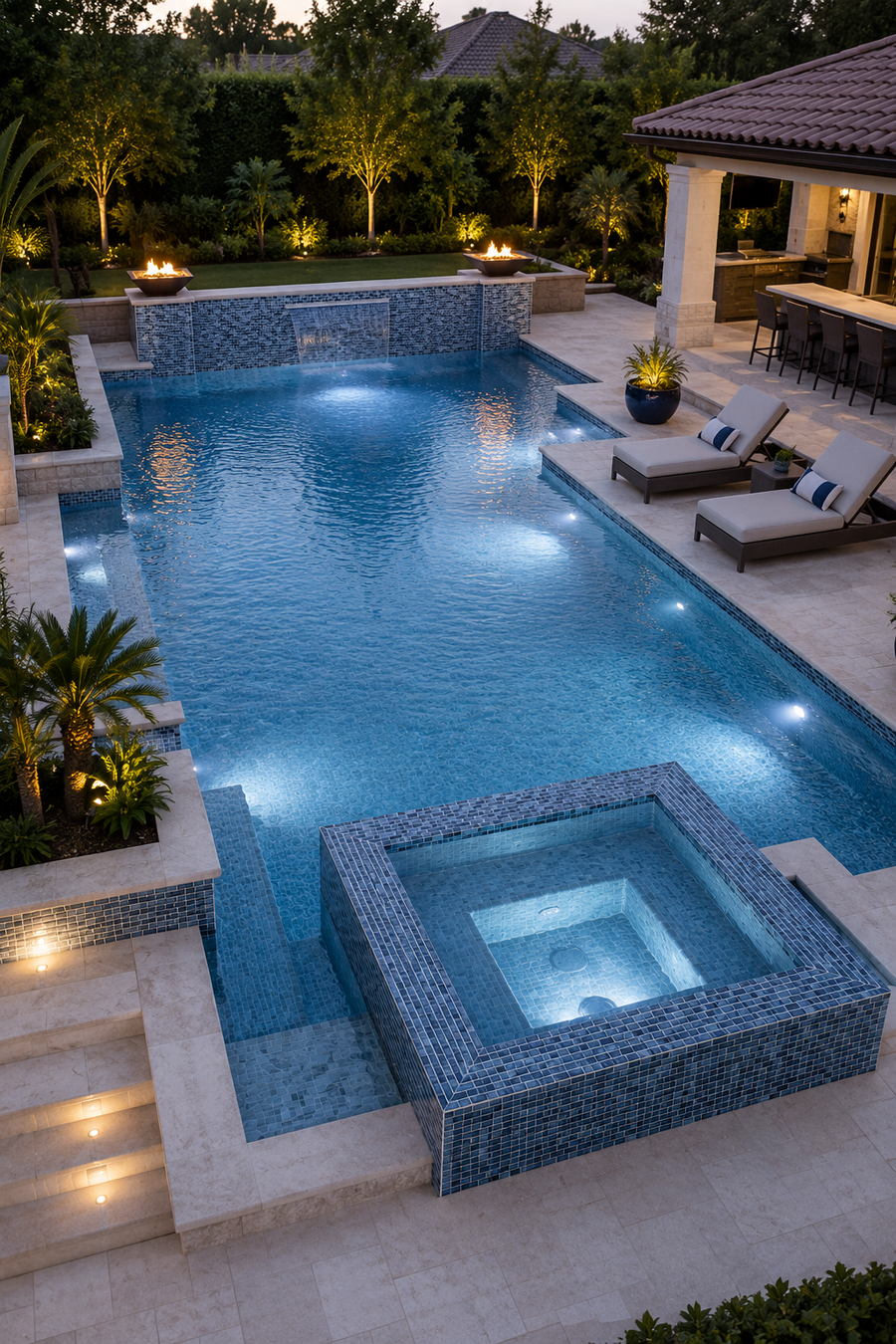 Pool and square spa at dusk finished in Storm Blue Marble recycled glass mosaic tile beside a lit villa.