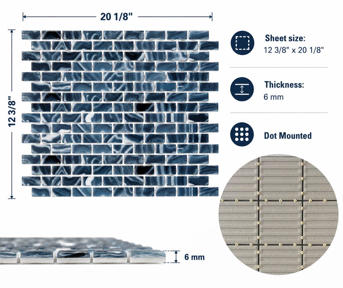 Storm Blue Marble mosaic specifications: 12 3/8 by 20 1/8 inch sheet, 6 mm thick, dot mounted.
