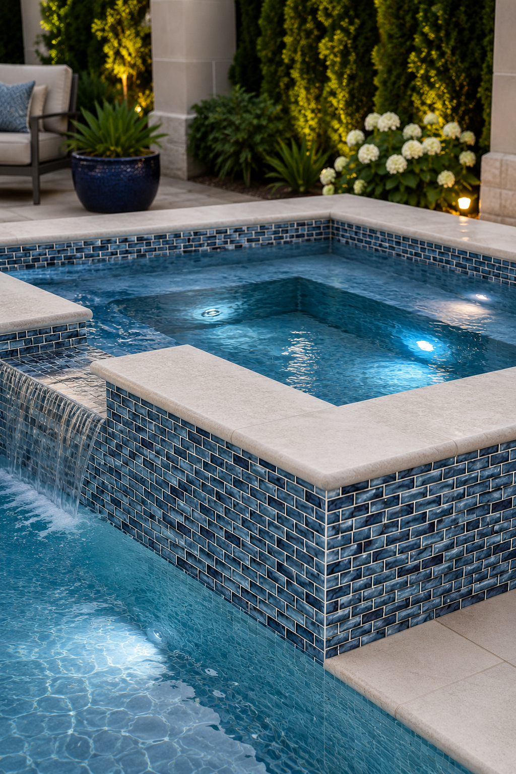 Raised spa with a spillway finished in Storm Blue Marble recycled glass mosaic tile in a planted garden.