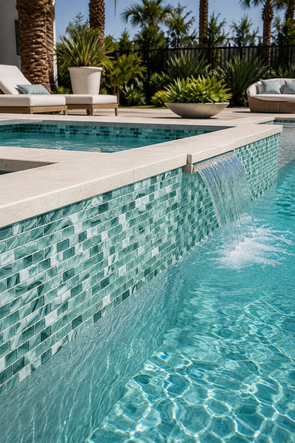 Pool with a spillway wall clad in Seafoam Green Swirl recycled glass mosaic tile beside poolside seating.
