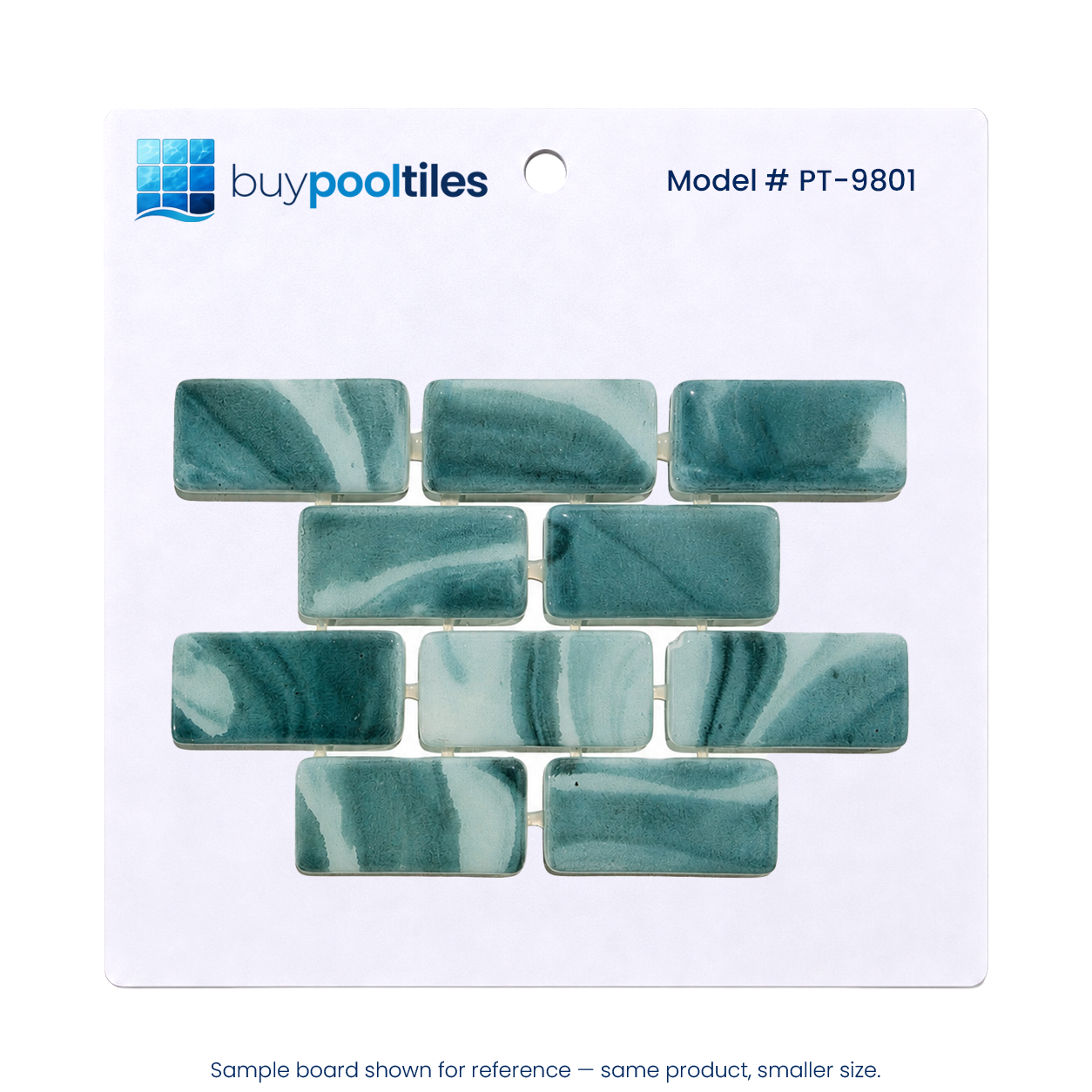 Seafoam Green Swirl recycled glass mosaic pool tile sample board, model PT-9801, on a white backing card.