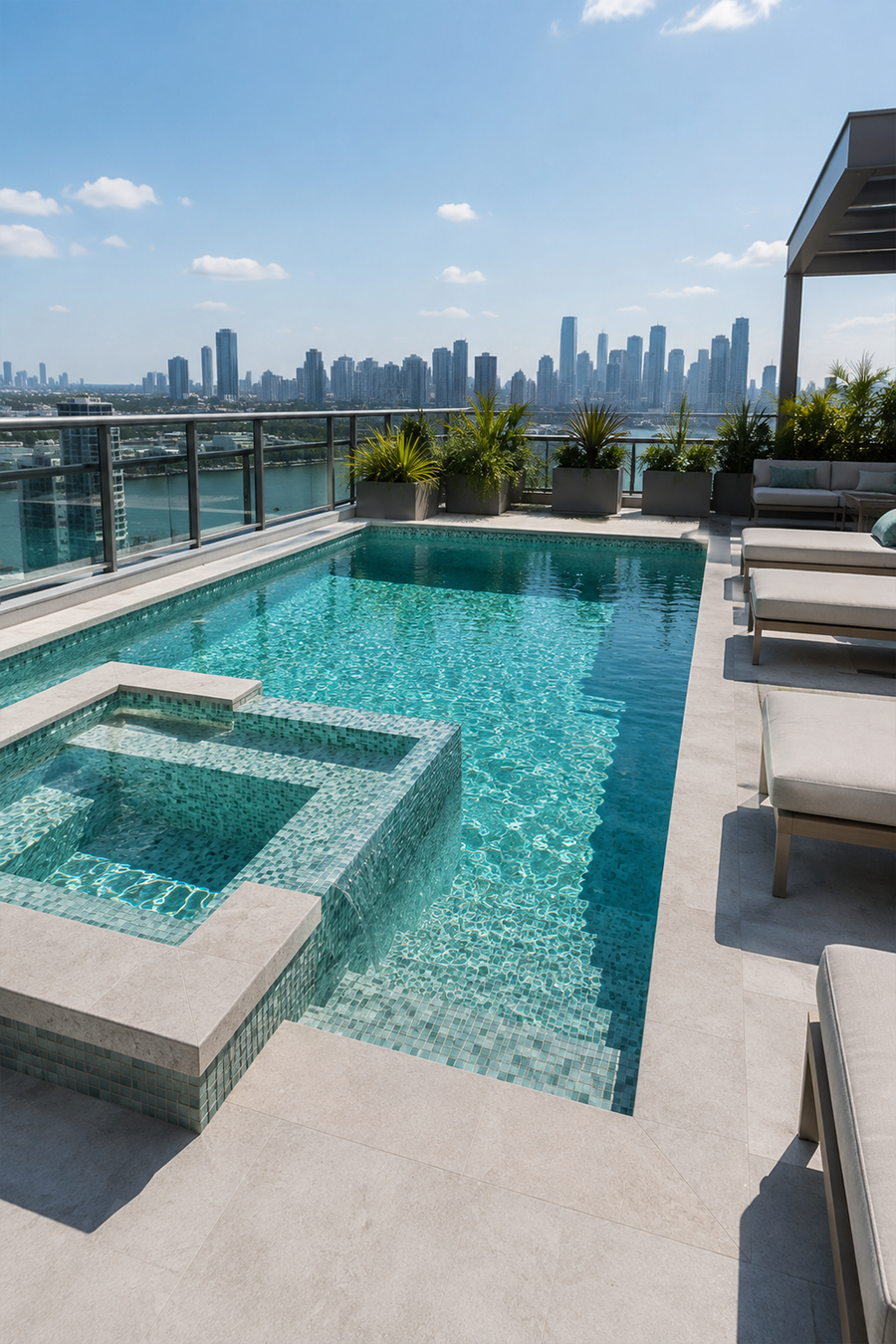Rooftop pool and spa tiled in Seafoam Green Swirl recycled glass mosaic with a city skyline behind.