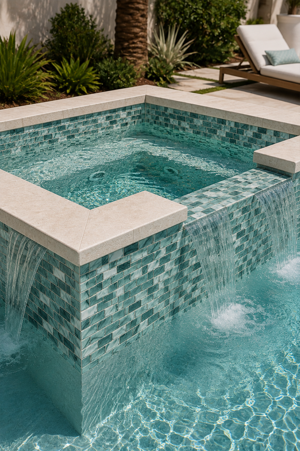 Square raised spa spilling into a pool, finished in Seafoam Green Swirl recycled glass mosaic tile.